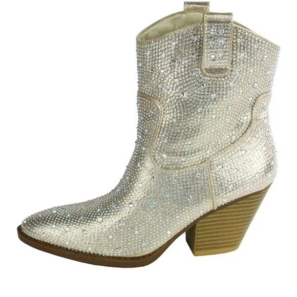Forever River 01 Champagne Rhinestone Western Cowboy Ankle Boot Bling Bootie NEW - Picture 1 of 8